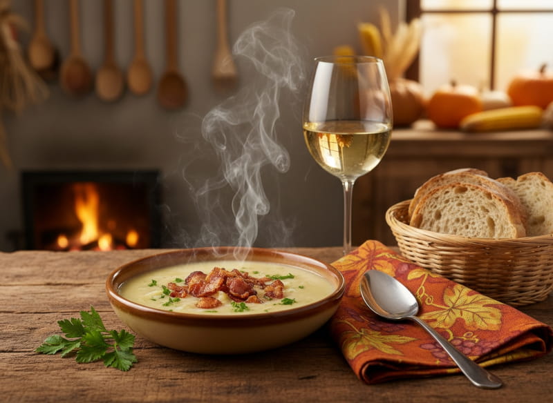 Wine with the meal: Palatinate Grumbeersupp with bacon and a glass of Riesling.