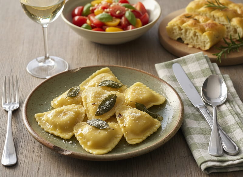 Wine with the meal: Heart ravioli with ricotta and lemon filling in sage butter and a glass of Pinot Blanc.