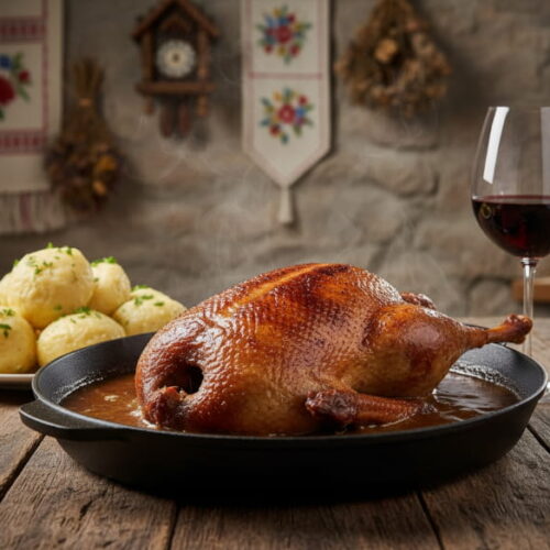 Wine with the meal: Crispy roast duck Wachau style and a glass of Zweigelt red wine.