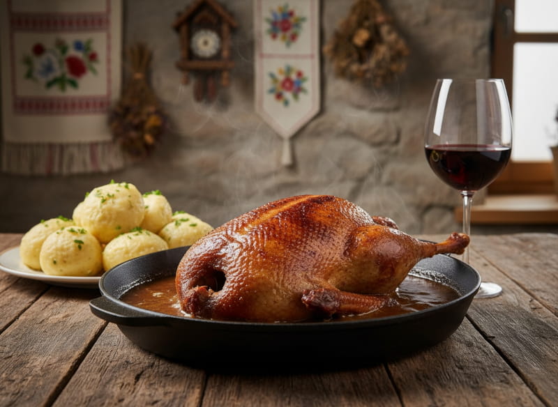 Wine with the meal: Crispy roast duck Wachau style and a glass of Zweigelt red wine.