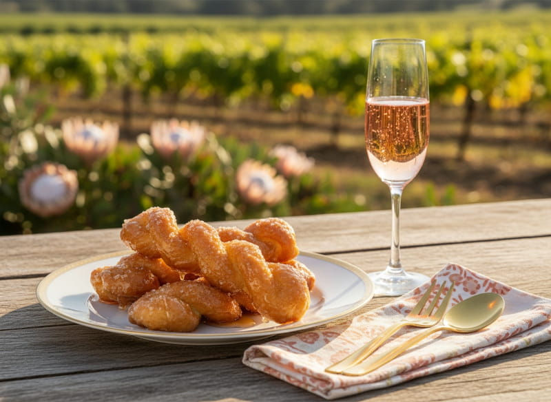 Wine with food: Shiny Koeksisters syrup braids next to a glass of MCC Rosé sparkling wine in front of vineyards.