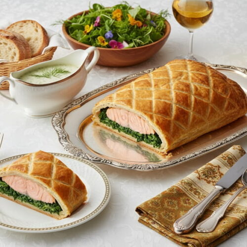 Wine with dinner: Salmon fillet in puff pastry with spinach and a glass of Chardonnay.