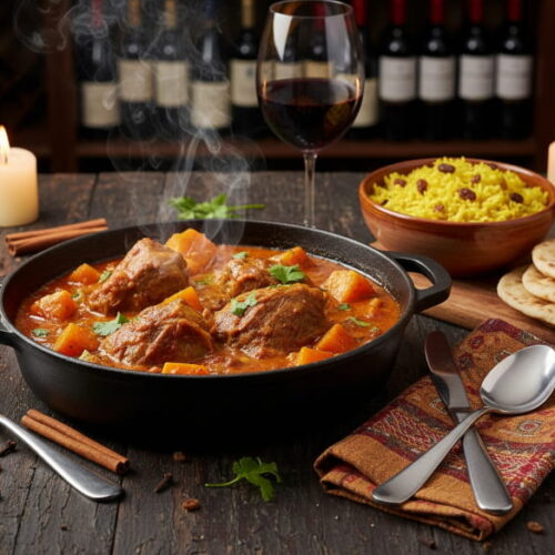 Wein zum Essen: Lamm-Bredie im gusseisernen Topf mit Kürbis und Tomaten neben einem Glas Rotwein.