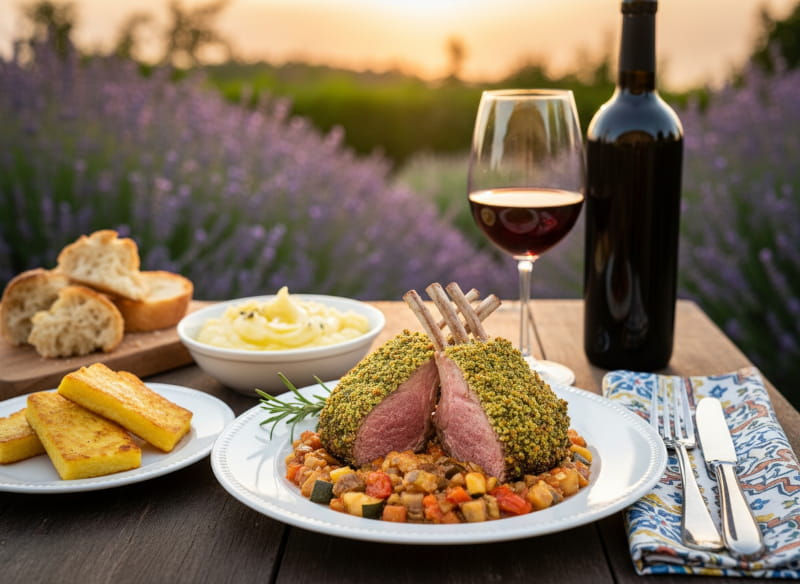 Wine with food: Rack of lamb with herb crust & ratatouille vegetables served with a glass of red wine in Provence at sunset.