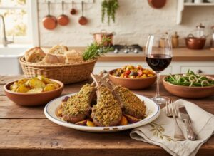 Wine with food: Lamb chops with herb crust, accompanied by a glass of Vacqueyras red wine on a rustic table.
