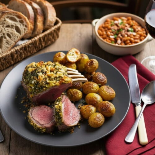 Wine with the meal: Juicy rack of lamb with a herb crust and a glass of Zweigelt red wine.