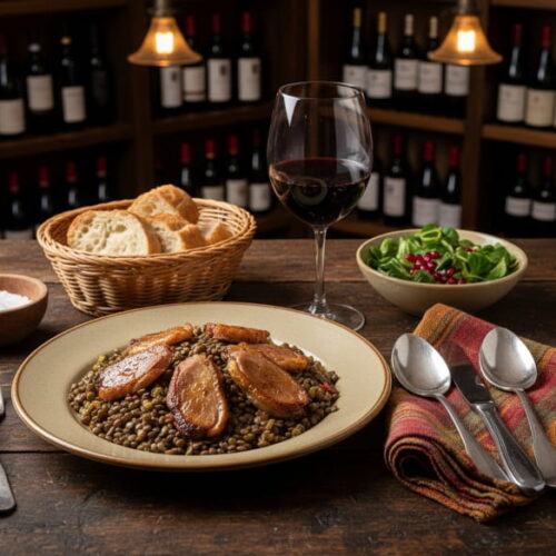 Wine with the meal: Lukewarm lentil salad with duck confit and a glass of Cornas red wine on a wooden table.