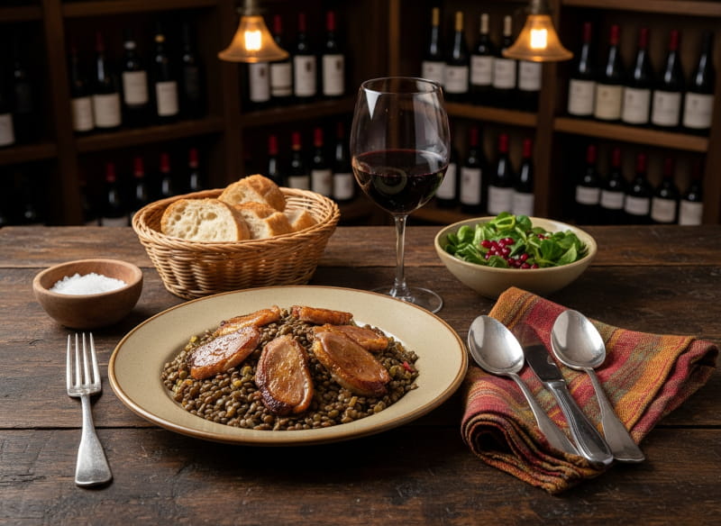 Wine with the meal: Lukewarm lentil salad with duck confit and a glass of Cornas red wine on a wooden table.