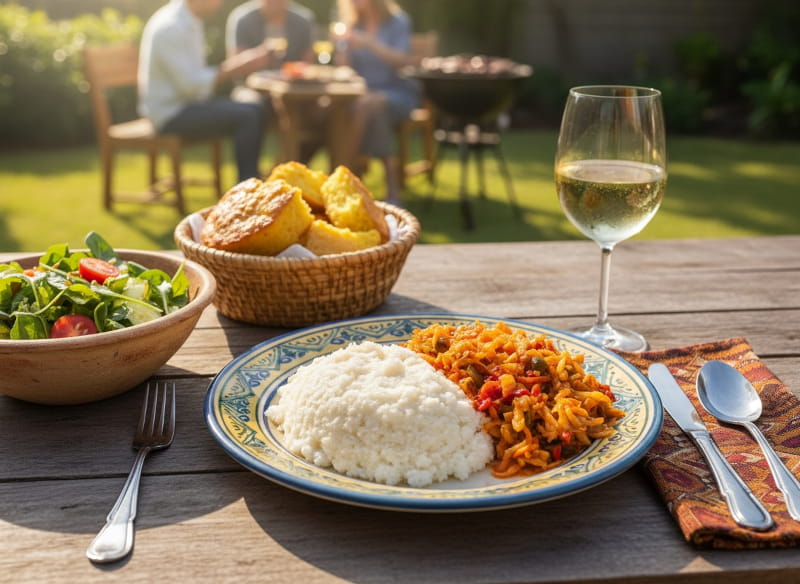 Wine with the meal: Hearty pap with spicy chakalaka and a glass of South African Chenin Blanc.