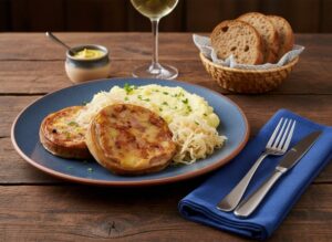 Wine with food - roasted Palatinate Saumagen with mashed potatoes, sauerkraut and a glass of Riesling on a rustic wooden table.