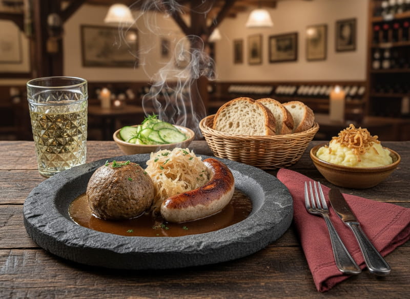 Wine with food: Palatinate slate sack with liver dumplings, bratwurst and Riesling spritzer.