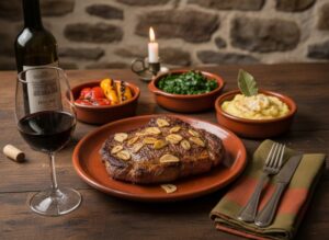 Wine with the meal: Posta à Mirandesa beef steak with garlic and Douro red wine.
