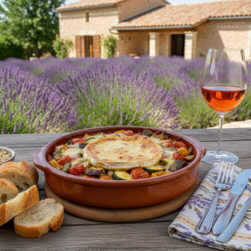 Wine with food: Ratatouille with goat's cheese gratin in a casserole dish next to a glass of Tavel Rosé on a terrace.