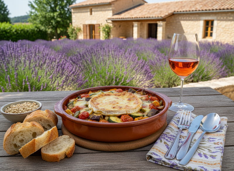 Wine with food: Ratatouille with goat's cheese gratin in a casserole dish next to a glass of Tavel Rosé on a terrace.