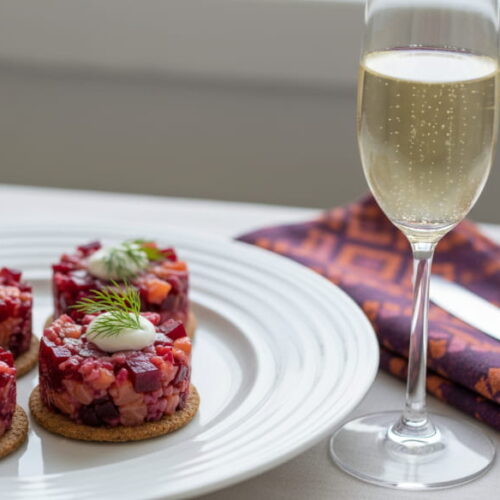 Wine with food: Beet and salmon tartare on pumpernickel tartare with Riesling sparkling wine.