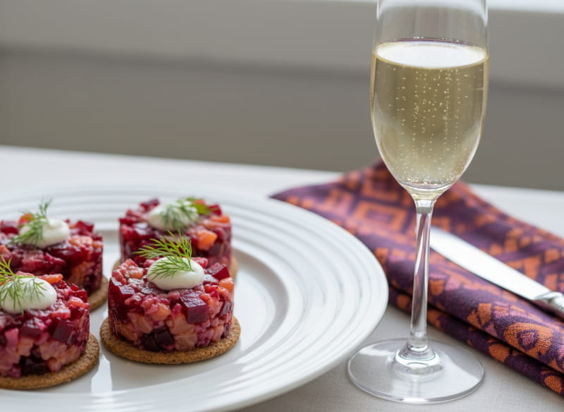 Wine with food: Beet and salmon tartare on pumpernickel tartare with Riesling sparkling wine.