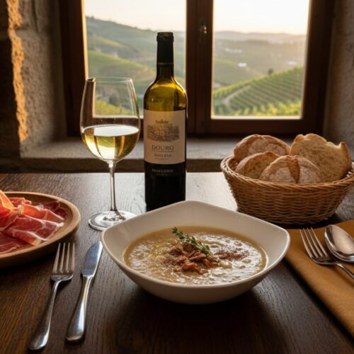 Wine with the meal: Creamy sopa de castanhas chestnut soup served with a glass of Douro Branco Reserva white wine.