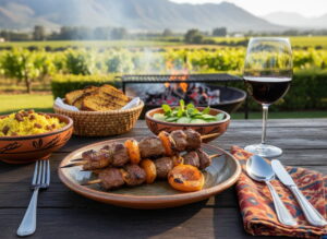 Wine with the meal: Spicy Sosaties meat skewers with apricot and a glass of Cabernet Sauvignon from Stellenbosch.