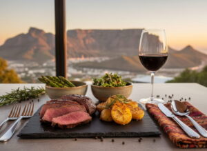 Wine with food: Juicy ostrich steak with rosemary potatoes and a glass of South African Shiraz in front of Table Mountain.