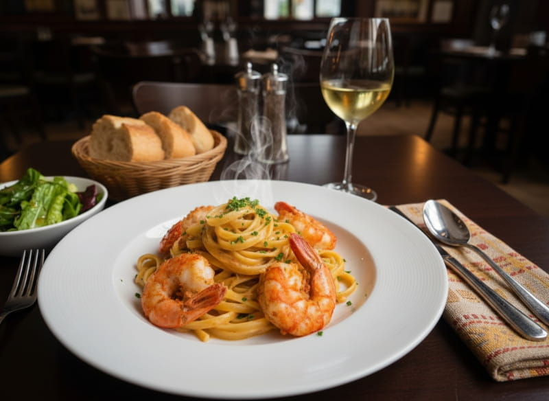 Wine with the meal: Tagliatelle with lobster crab in cognac cream sauce and a glass of Viognier.