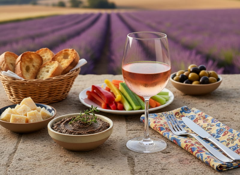 Wine with food: Tapenade (olive, caper and anchovy paste) with baguette and a glass of rosé wine on a terrace in Provence.