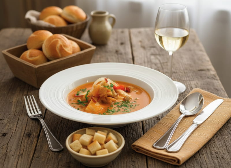 Wine with your meal: Traditional Wachau fish soup and a glass of wine.
