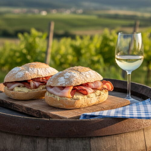 Wine with your meal: Traditional Wachauer Laberl with bacon and a glass of Gemischter Satz.