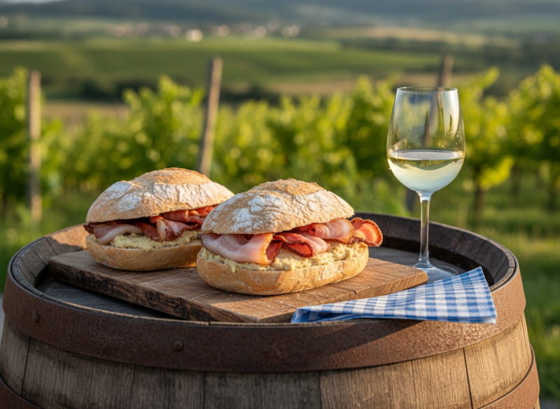 Wine with your meal: Traditional Wachauer Laberl with bacon and a glass of Gemischter Satz.