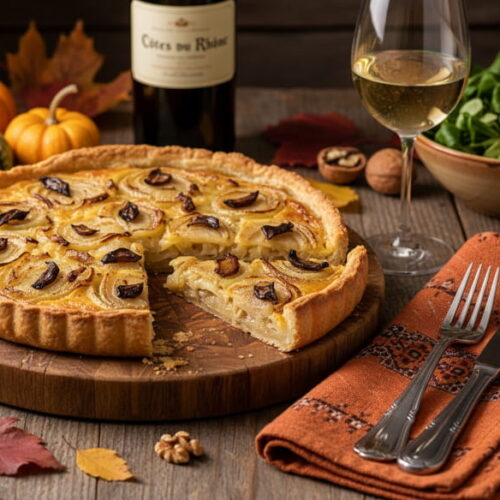 Wine with food: Hearty onion tart with black garlic on a wooden table next to a glass of white wine.