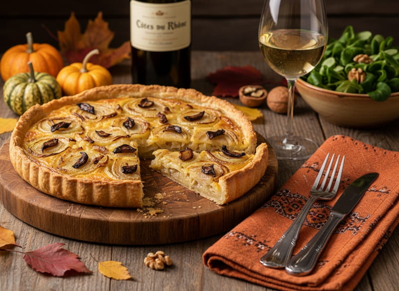 Wine with food: Hearty onion tart with black garlic on a wooden table next to a glass of white wine.