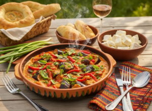 Wine with food: Georgian ajapsandali vegetable dish alongside a glass of Tavkveri red wine.