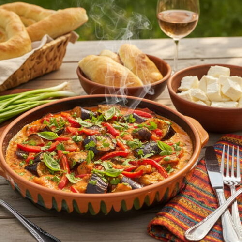 Wine with food: Georgian ajapsandali vegetable dish alongside a glass of Tavkveri red wine.