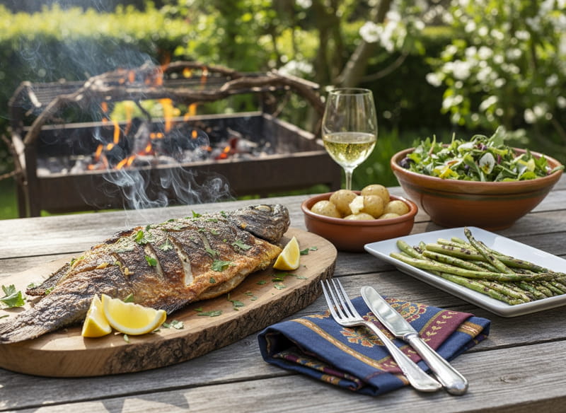 Wine with food: Grilled allis shad Bordelais style alongside a glass of Graves white wine.