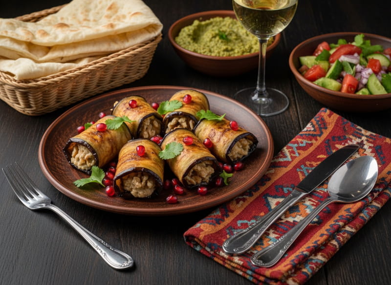 Wine with food: Badrijani Nigvzit eggplant rolls with walnut filling alongside a glass of Mtsvane.