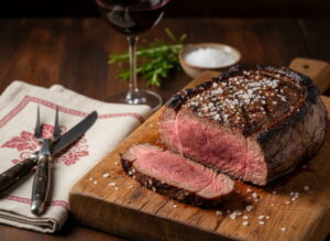 Wine with food: Grilled Boeuf de Bazas steak alongside a glass of Margaux red wine.