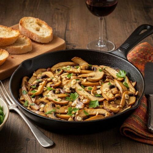 Wine with food: Bordelais-style roasted porcini mushrooms alongside a glass of Saint-Estèphe red wine.