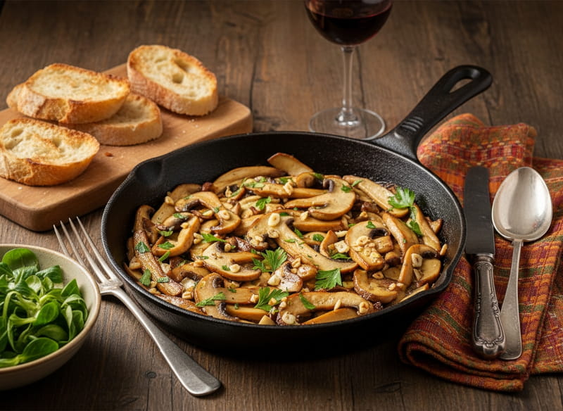 Wine with food: Bordelais-style roasted porcini mushrooms alongside a glass of Saint-Estèphe red wine.