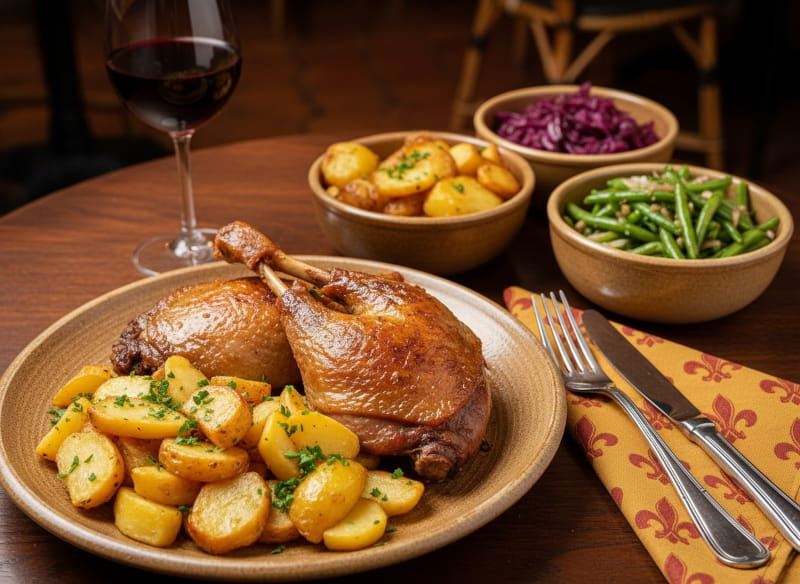Wine with food: Crispy confit de canard alongside a glass of Haut-Médoc red wine.