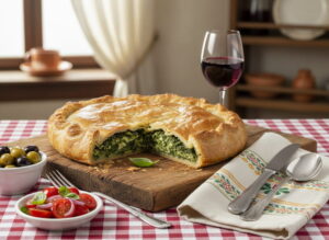 Wine with food: Hearty Erbazzone vegetable pie alongside a glass of Lambrusco red wine.