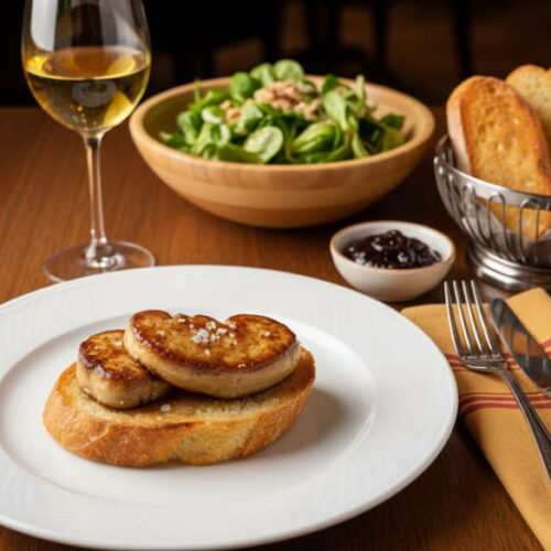 Wine with food: Roast duck liver on brioche alongside a glass of Sauternes wine.