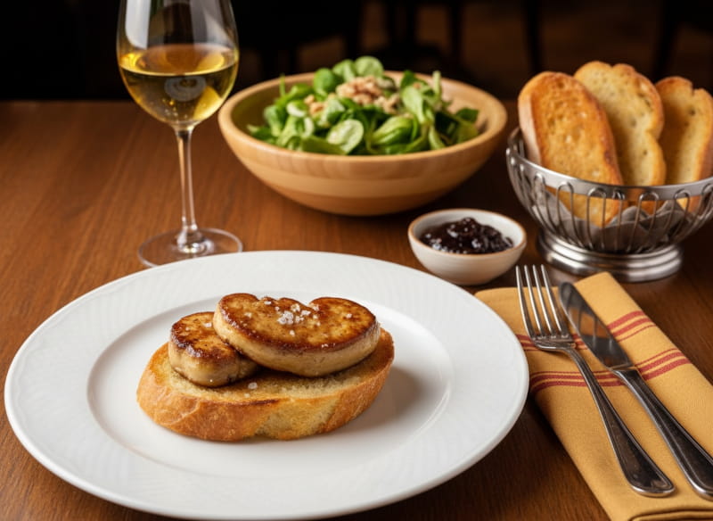 Wine with food: Roast duck liver on brioche alongside a glass of Sauternes wine.