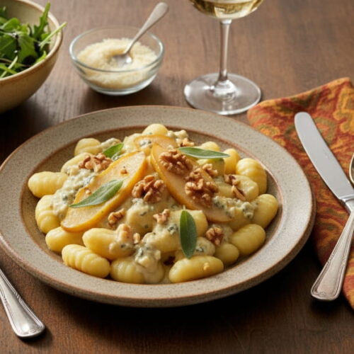 Wine with food: Gnocchi with gorgonzola sauce, pears and walnuts alongside a glass of Chenin Blanc.