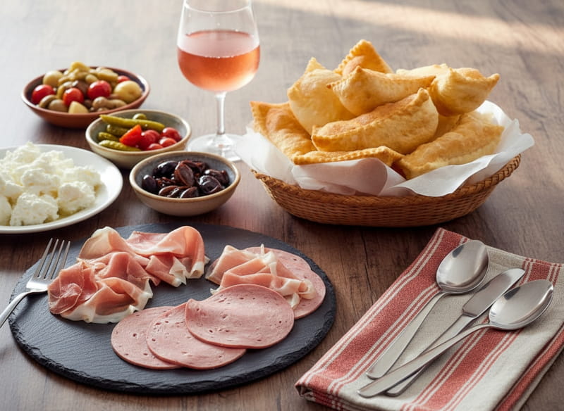 Wine with food: Deep-fried gnocco fritto with cold cuts alongside a glass of Lambrusco white wine.