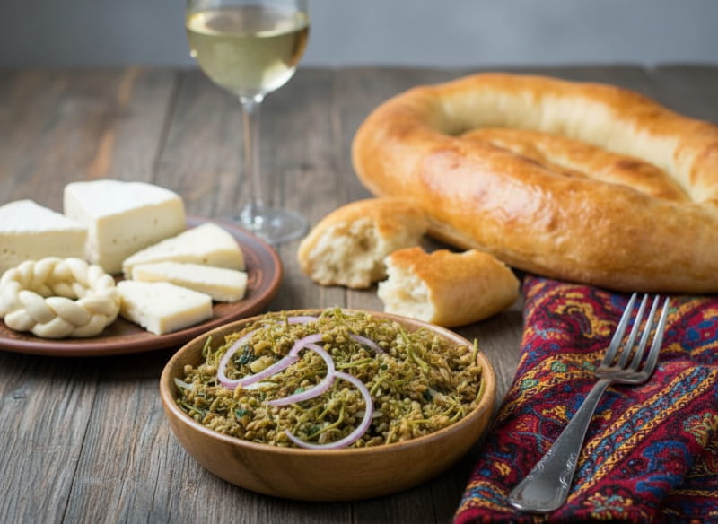 Wine with the meal: Georgian jonjoli with onions and oil alongside a glass of Chinuri white wine.