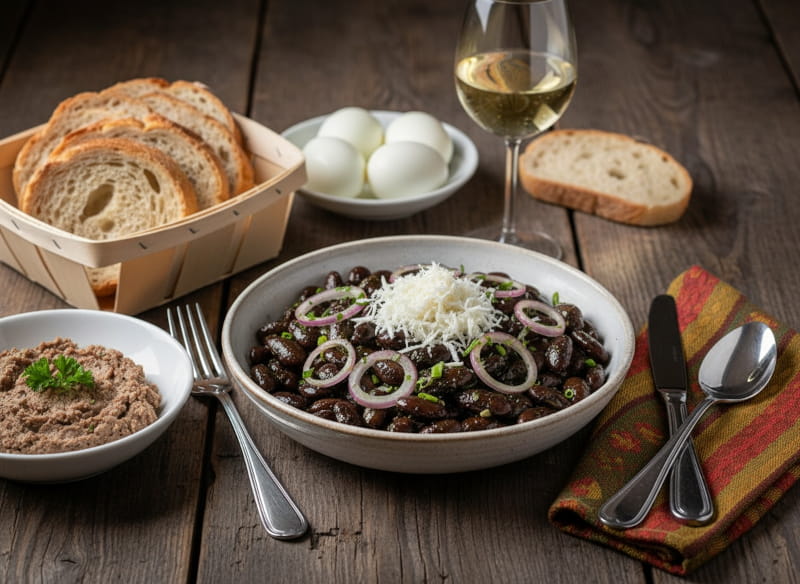 Wine with the meal: Styrian beetle bean salad with seed oil alongside a glass of Sauvignon Blanc white wine.