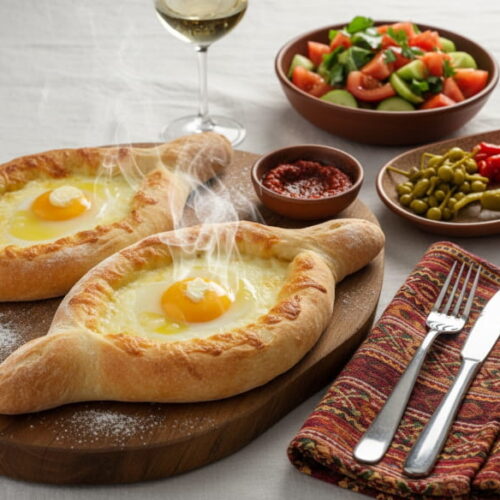 Wine with food: Khachapuri Adjaruli with melted cheese and egg alongside a glass of Tsinandali.