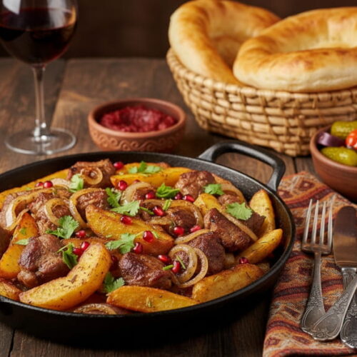 Wine with food: Georgian Odjakhuri pan-fried dish with potatoes alongside a glass of Otskhanuri Sapere red wine.