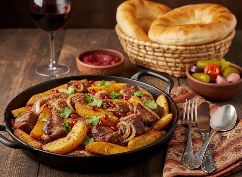 Wine with food: Georgian Odjakhuri pan-fried dish with potatoes alongside a glass of Otskhanuri Sapere red wine.