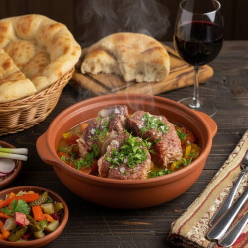 Wine with the meal: Georgian khashlama beef platter with herbs alongside a glass of Teliani red wine.