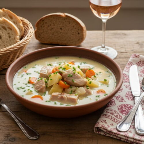 Wine with food: Hearty soup with pork and a glass of Schilcher wine.